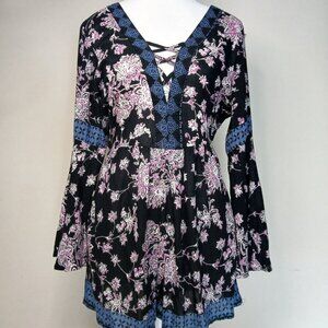 Whimsigoth Flowy Bohemian Bell Sleeve Floral Romper Black Size Medium